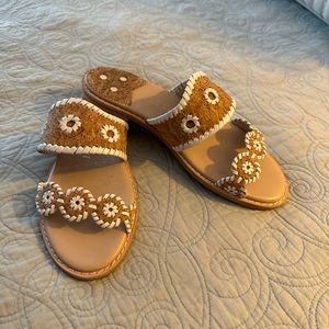 Classic chic! Jack Rogers flat cork slide with white stitching.
